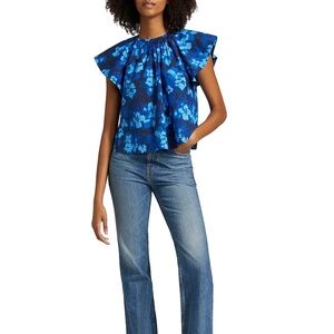 Ulla Johnson Rumi Floral Cotton Poplin Flutter Sleeve in Azure